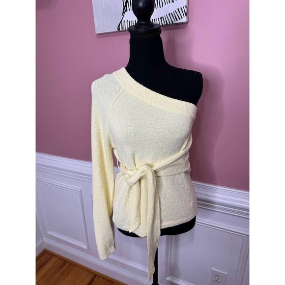 Nanushka Cleto One-Shoulder Terry Sweater in Yellow Small Knit Waist Tie Lace - Picture 3 of 5